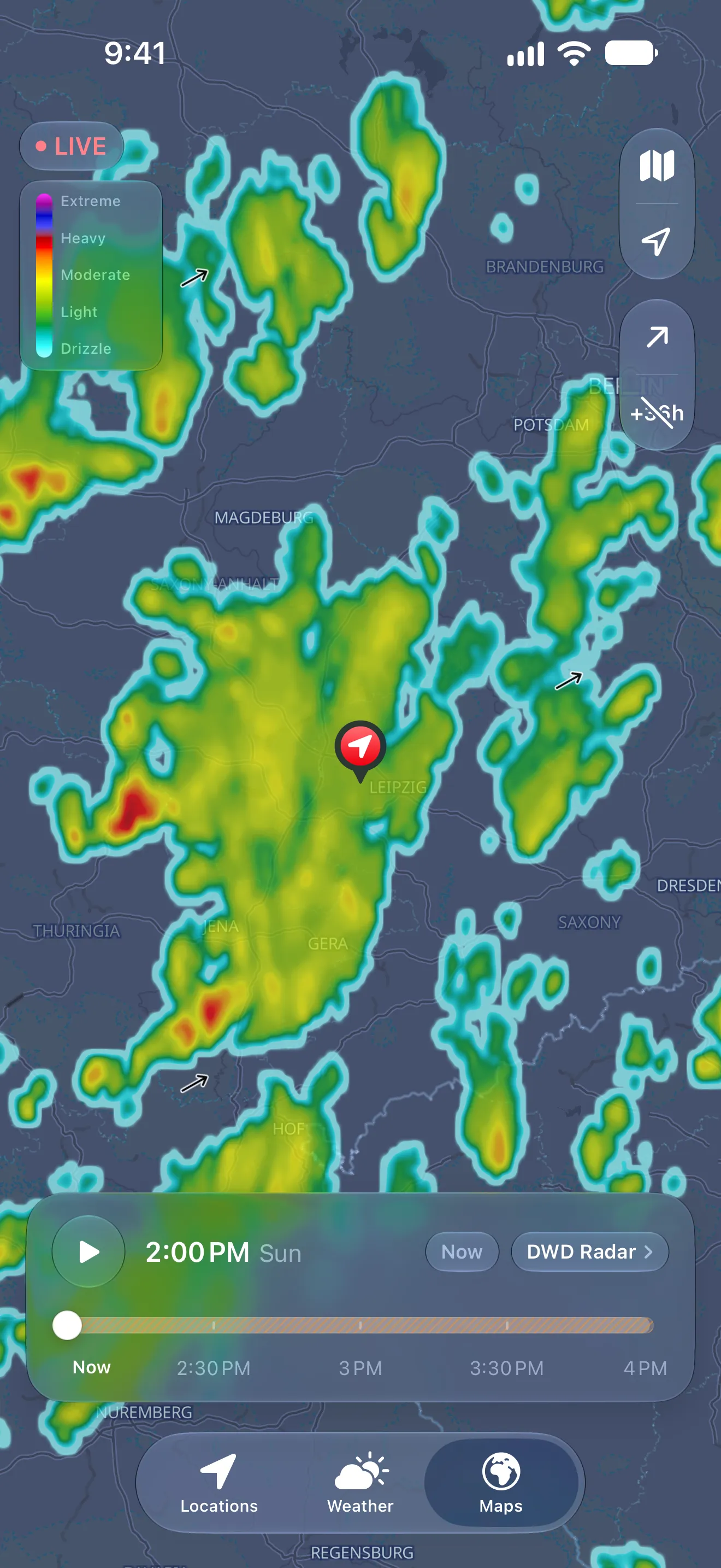 Rain radar map over Germany with a playable timeline