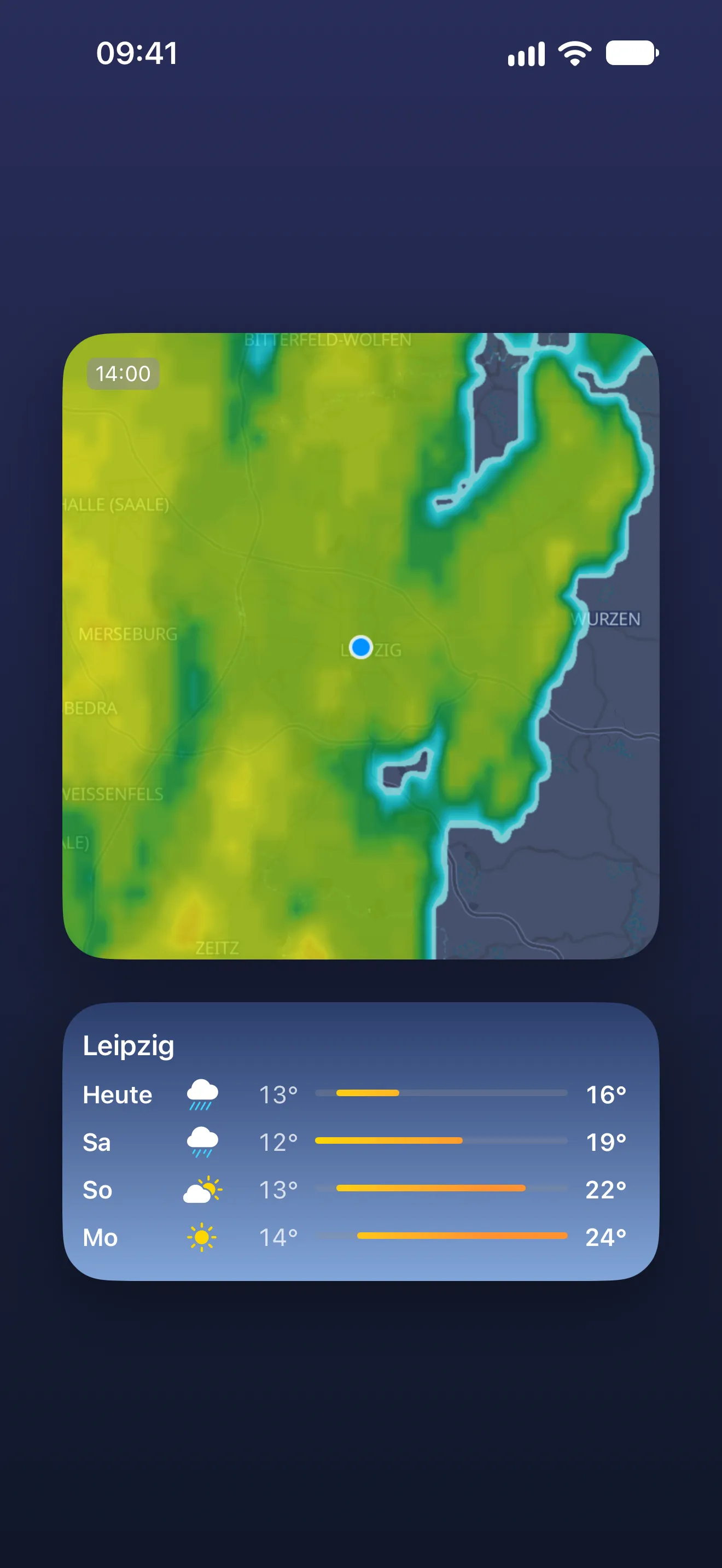 Home-Bildschirm mit Radar-Widget und Vorhersage-Widget