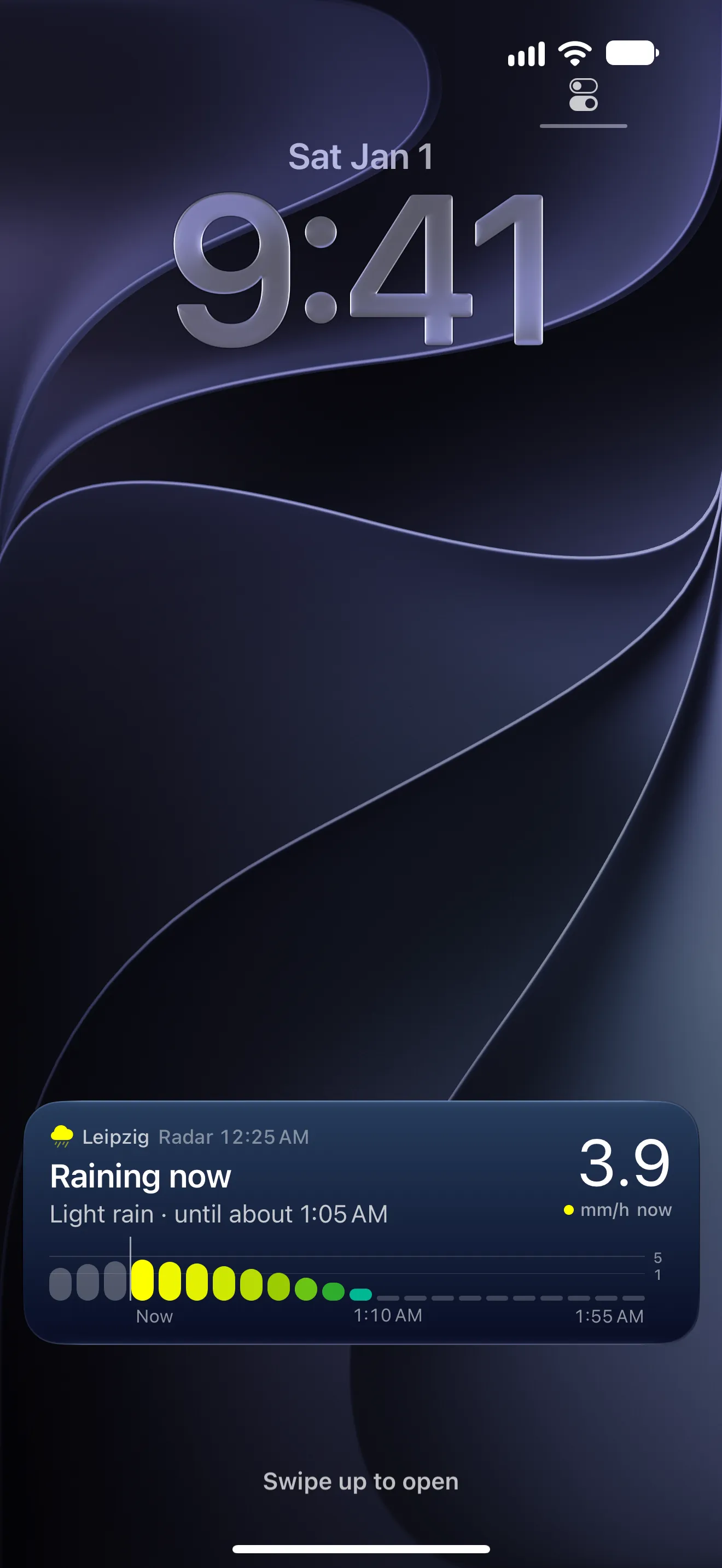 Live Activity on the Lock Screen: raining now, with the rain for the next hour